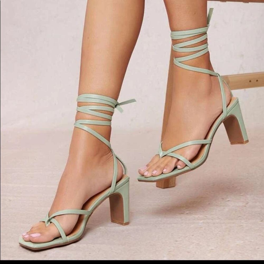 sage green strap heels